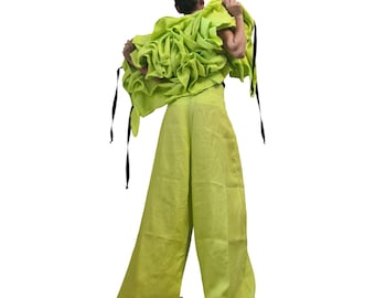Lime Green Linen Asymmetric Short Jacket Sleeveless Gathered Womens Avant Garde Clothing