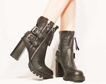 Black Leather Heeled Ankle Boots, Gothic Grunge Buckle Zipper Shoes