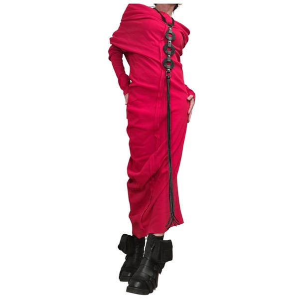Vestido largo asimétrico rojo de algodón con hombros descubiertos, talla grande para mujer