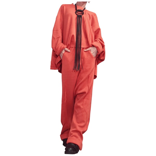Avant Garde Knit Set Orange | Blouse and Pants with Raw Edges & External Seams | Handmade Two Piece | Free USA Shipping – DDP Included