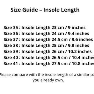 May include: A size guide for shoe insoles, with measurements in both centimeters and inches. Sizes range from 35 (9 inches, 23 cm) to 41 (10.8 inches, 27.5 cm). The text advises comparing with a similar pair.