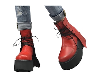 Red Leather Platform Ankle Boots with Wrap Cords, Chunky Sole Shoes, Handmade Footwear