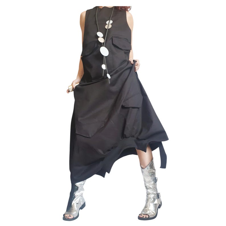 Black Gothic Dress, Asymmetric Cargo Design, Plus Size Kaftan image 2