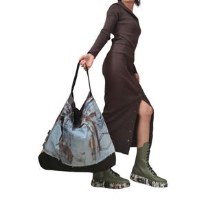 Avant Garde Large Denim Bag, Asymmetrical Patchwork Tote, Handmade Painted Shoulder Bag Women