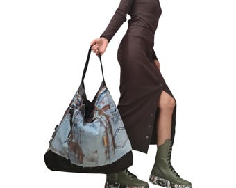 Avant Garde Large Denim Bag, Asymmetrical Patchwork Tote, Handmade Painted Shoulder Bag Women
