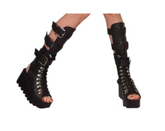Black Leather Gladiator Sandals, Greek Style Platform Shoes, Open Toe Gothic Knee High Boots
