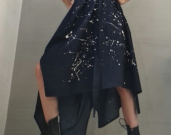 Denim Dress, Asymmetric Dress, Spray paint, Oversize Dress, Sleeveless Dress, Extravagant Dress, Plus Size Dress, Avant-garde