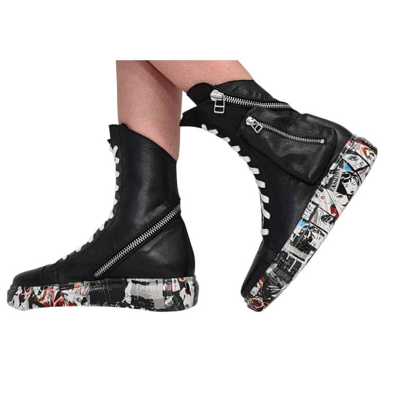Handmade Black Leather Boots, Conceptual Design, High Top Statement Footwear image 7