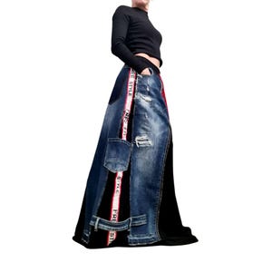 Jupe longue en jean pour femme, Patchwork asymétrique, Jupe longue avant-gardiste faite main, Jupe déstructurée