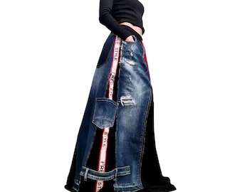 Asymmetric Long Denim Skirt – Patchwork Maxi Skirt with Pockets, Freestyle Cotton Skirt, Avant-Garde Handmade Clothing, Deconstructed Skirt