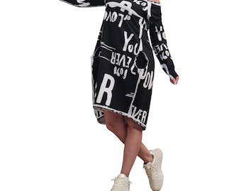 Vestido asimétrico con estampado gráfico en blanco y negro, manga larga, largo hasta la rodilla, tipo túnica para mujer.