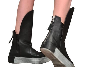 Black Leather Platform Sneakers for Women, Avant Garde High Tongue Boots with Back Zipper
