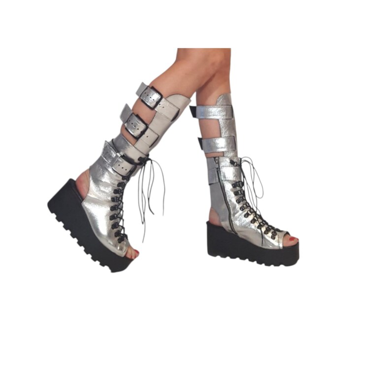 Silver Greek Sandals, Platform Gladiator Shoes, Open Toe Leather Footwear image 10