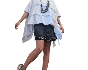 White Cotton Asymmetric Tunic, Oversize Blouse for Women, Plus Size Top