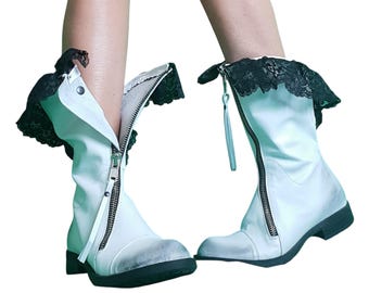 White Leather Closed Toe Ankle, Handmade Lace Wedding Shoes, Winter Boots for Women