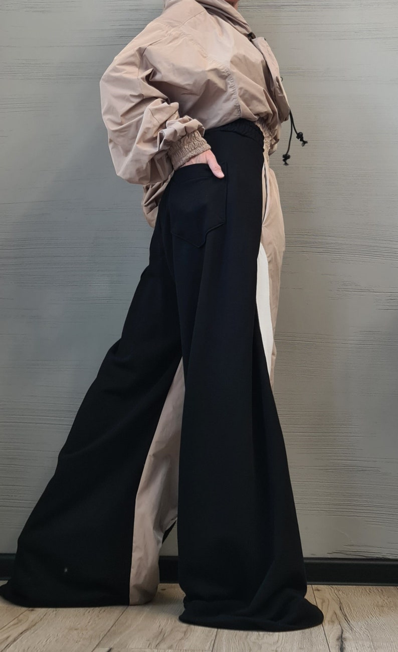 Asymmetrical Women's Set, Wide Leg Cotton Pants with Windproof Fabric Details, Windproof Hoodie image 5