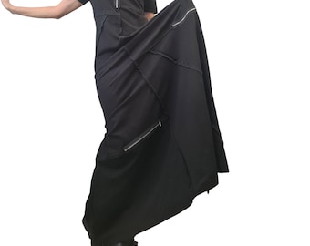 Black Cotton Maxi Dress, Asymmetric Dress, Exposed Seam Kaftan, Zipper Detail, Short Long Sleeve