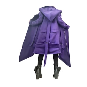 Cappotto asimmetrico in lana viola, giacca lunga con cappuccio e tasche applicate oversize, taglie forti