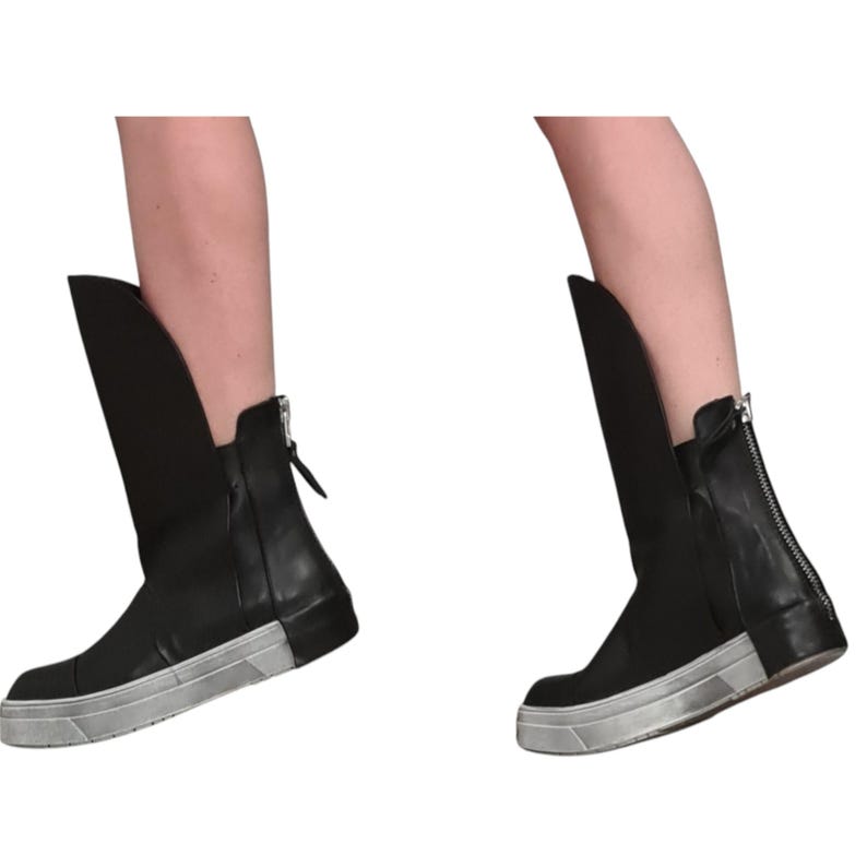Black Leather Platform Sneakers for Women, Avant Garde High Tongue Boots with Back Zipper image 10