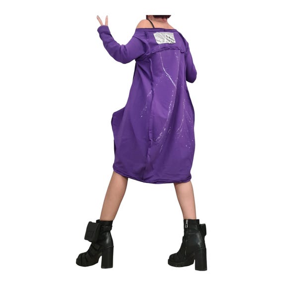 Dark Purple French Terry One Shoulder Dress for Women, Plus Size Tunic
