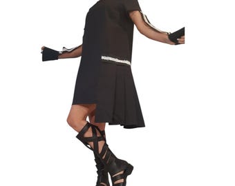 Black Asymmetric Dress, Gothic Tunic, Short Long Sleeve