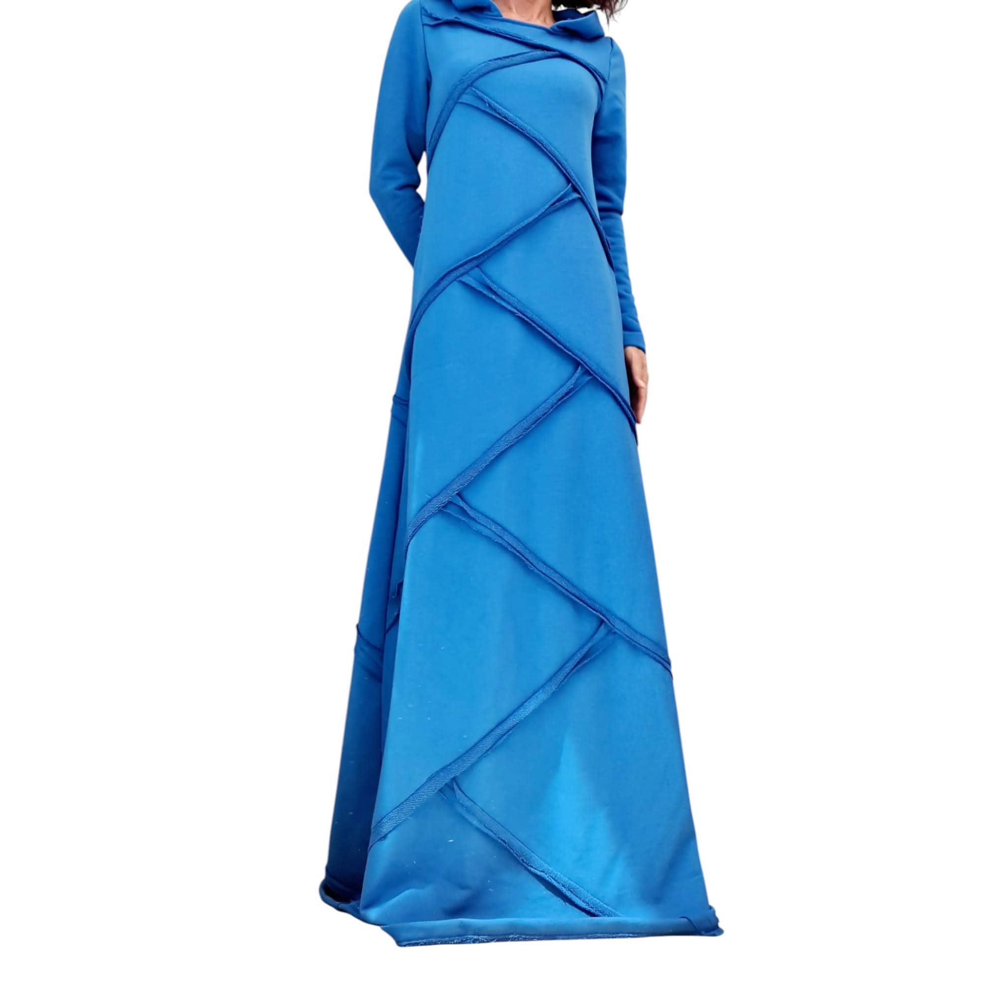 Blue Avant Garde Maxi Dress with Hood, Long Cotton Statement Dress,  Artistic Minimalist Gown, Asymmetrical Edge Fashion