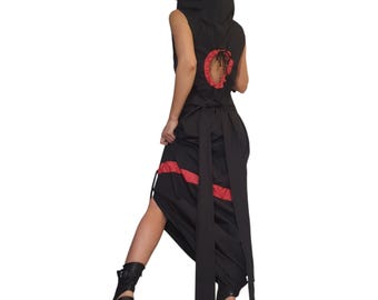 Black Long Asymmetrical Dress, Open Back, Plus Size Clothing