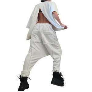 White Cotton Drop Crotch Harem Pants, Asymmetrical Open Back Blouse, Two Piece Co-Ord Set
