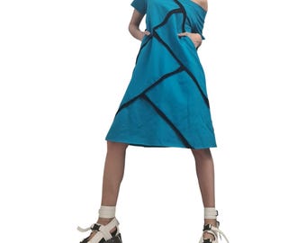 Blue Cotton Tunic Dress, Plus Size Asymmetric Outfit, Short Sleeve Fashion for Women
