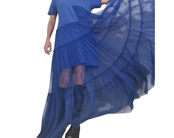 Royal Blue Tulle Dress, Asymmetrical High Low Maxi, Oversized Loose Fit for Women