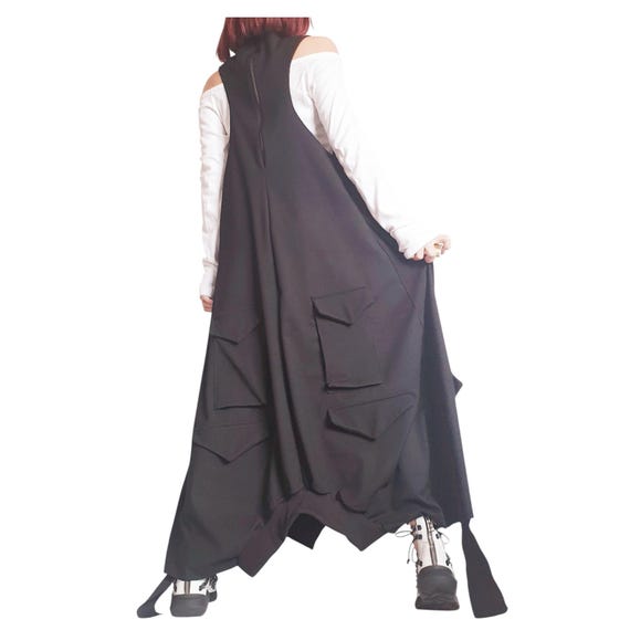 Black Gothic Dress, Asymmetric Cargo Design, Plus Size Kaftan
