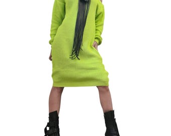 Lime Green Knit Sweater, Turtleneck Cold Shoulder Tunic, Detachable Sleeves, Oversized Midi Dress