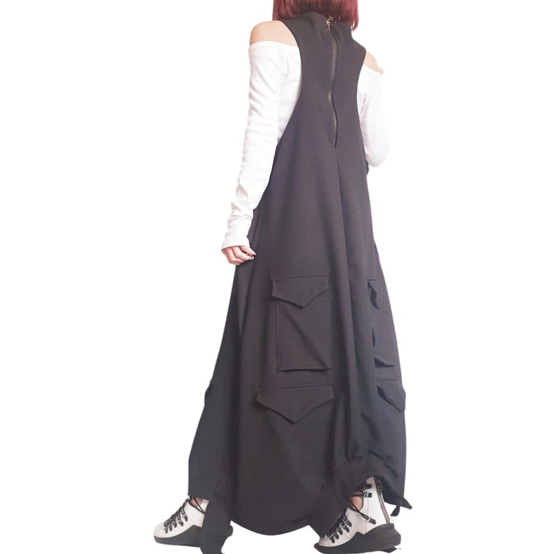 Black Gothic Dress, Asymmetric Cargo Design, Plus Size Kaftan image 12