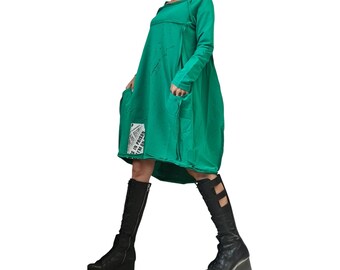 Green French Terry One Shoulder Tunic, Asymmetric Oversized Sweatshirt Dress, Long Sleeve