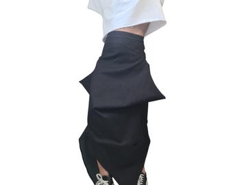 Falda vaquera larga asimétrica, ropa vanguardista oversize, falda negra deconstruida