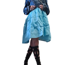 Vestido de lino vaquero, falda azul escalonada, top con hombros descubiertos, vestido corto asimétrico, conjunto de verano.