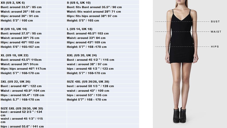May include: A size chart for a black mini dress with spaghetti straps, displaying bust, waist, and hip measurements in inches and centimeters for sizes XS through 5XL. The chart includes US and UK sizing equivalents and height references.