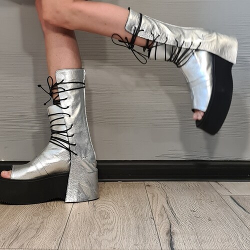 Silver Gladiator Platform Genuine Leather Sandals, High Summer Extravagant Sandals, Open Toe, Punk Platform Shoes,Gothic Sandals, Grunge