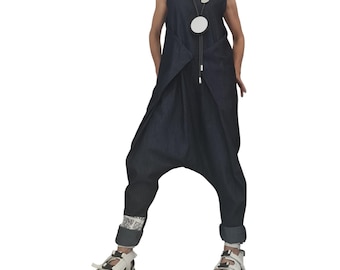 Asymmetric Denim Harem Jumpsuit, Plus Size Wide Leg Sleeveless Overall