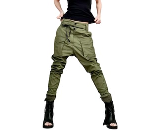 Pantalon cargo extravagant, pantalon de style militaire avant-gardiste, pantalon de combat en coton vert, pantalon streetwear urbain asymétrique