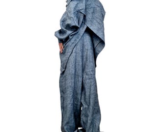 Denim Linen Two Piece Set for Women, Open Back Shirt, Wide Leg Harem Pants Outfit