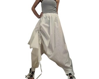 Asymmetric White Harem Pants Skirt, Loose Fit Cotton Trousers