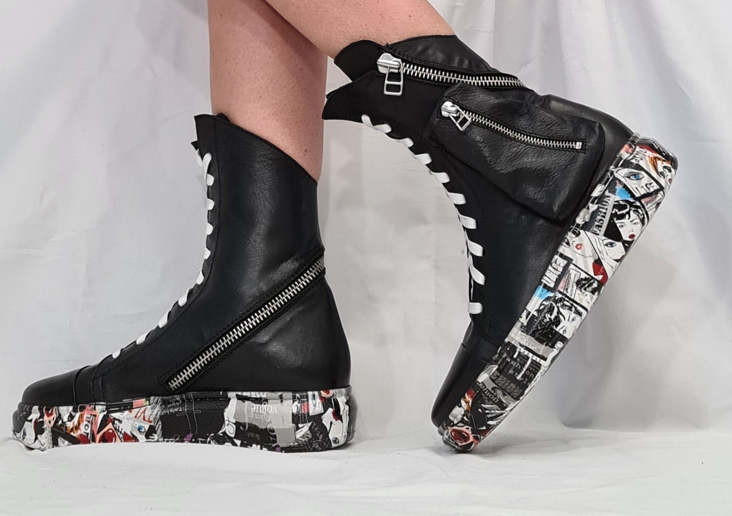 Black Leather Sneakers Womens Etsy Canada