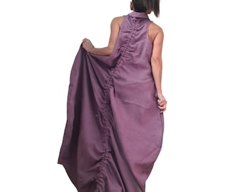 Lavender Linen Maxi Dress, High Neck Sleeveless Balloon Silhouette, Boho Style, Plus Size
