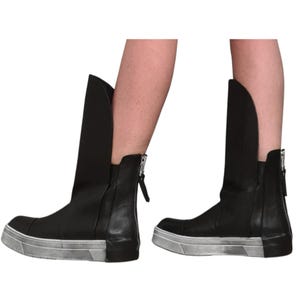 Black Leather Platform Sneakers for Women, Avant Garde High Tongue Boots with Back Zipper image 11