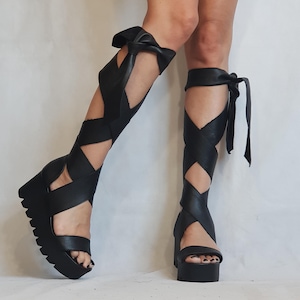 Gladiator Platform Sandals, Black Leather Wedge Sandals, Knee High Handmade Sandals, Avant-garde Summer Shoes, Festival Footwear