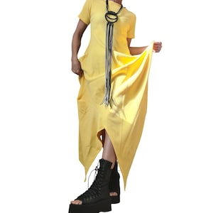 Yellow Cotton Rib Maxi Dress, Asymmetric Avant Garde Dress, Plus Size Clothing