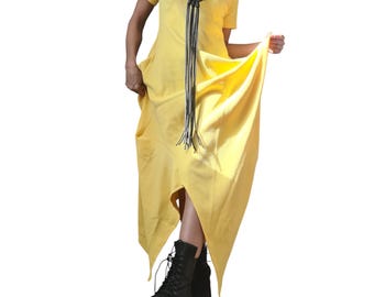 Yellow Cotton Rib Maxi Dress, Asymmetric Avant Garde Dress, Plus Size Clothing