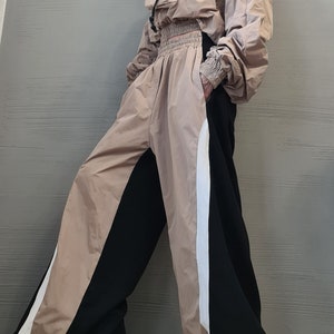 Asymmetrical Women's Set, Wide Leg Cotton Pants with Windproof Fabric Details, Windproof Hoodie image 7