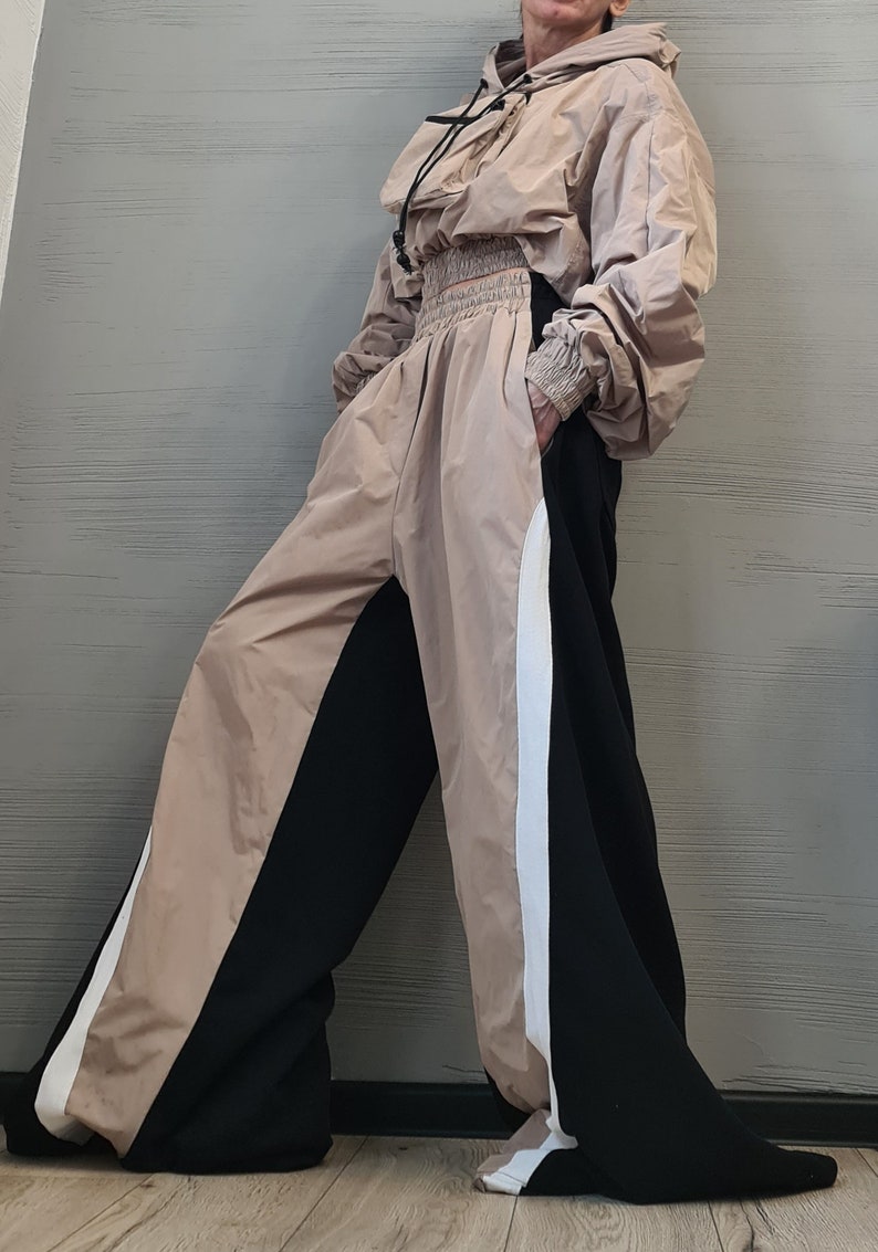 Asymmetrical Women's Set, Wide Leg Cotton Pants with Windproof Fabric Details, Windproof Hoodie image 7